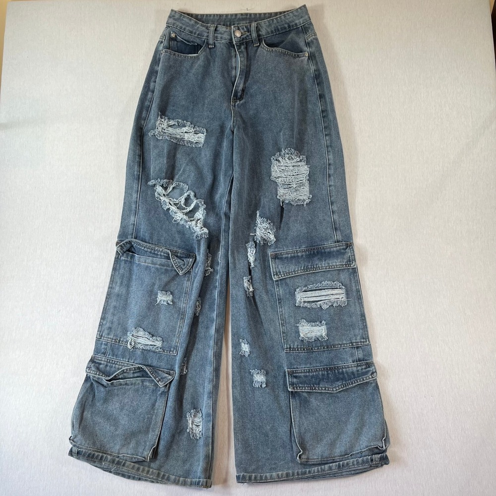 SHEIN Cargo Jeans Sz 28 Distressed Wide Leg Med Wash 31" Inseam Grunge Y2K Flare